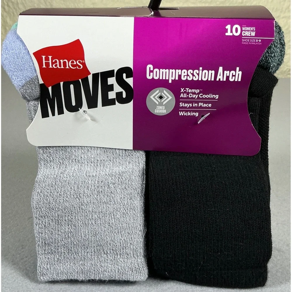 Hanes Moves‎ Womens Crew Socks 10 Pair Compression Arch X-Temp Cooling 5-9
